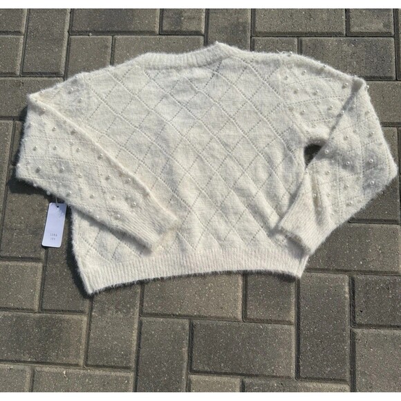 Luna Ivy Cream Diamond Pattern Pearls Buttons Cardigan Sweater Women NWT medium - Picture 2 of 8